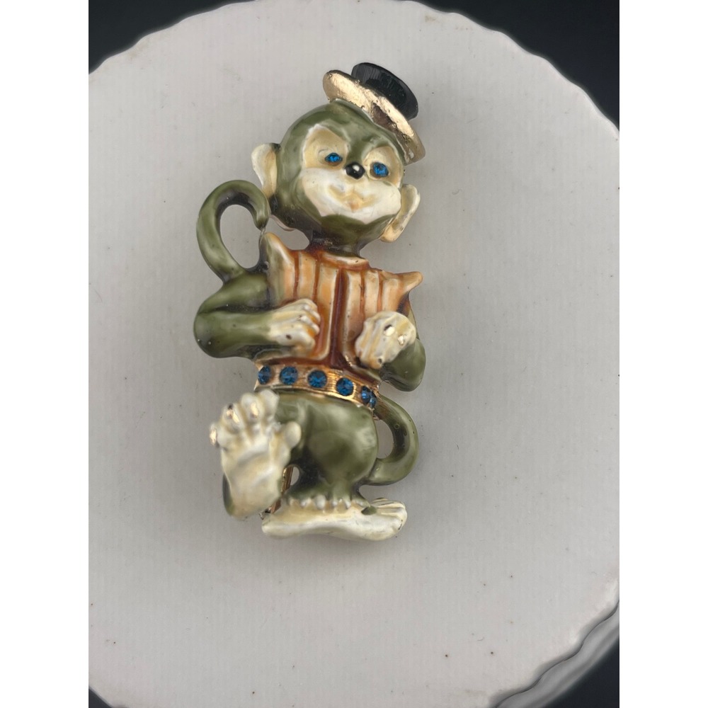 Vintage HAR Organ Grinder Monkey Brooch Enamel Figural Blue Rhinestone Belt Pin